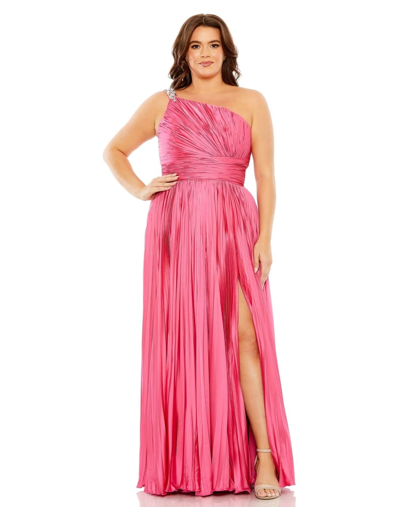 Front of a model wearing a size 14W One Shoulder Embellished Pleated Sleeveless Gown in Hot Pink by Mac Duggal. | dia_product_style_image_id:290009
